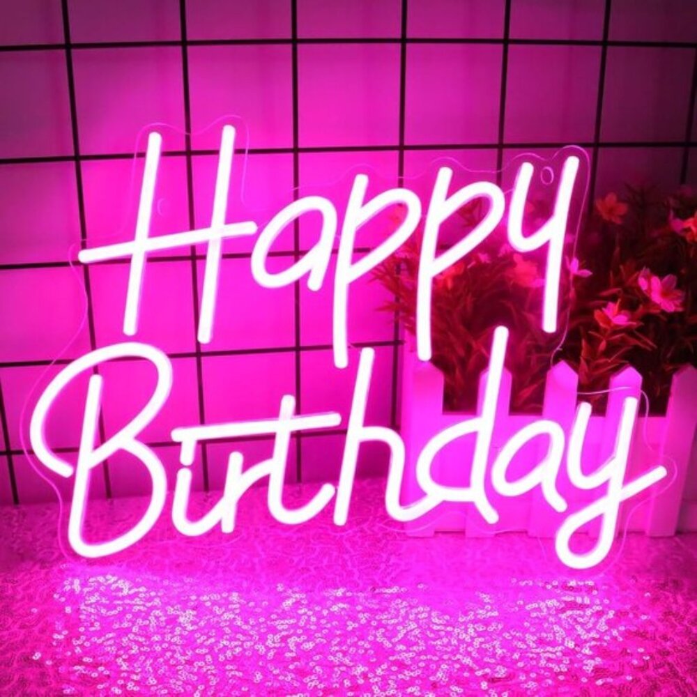 New Happy Birthday Neon Sign, Pink LED Wall Light for Party Backdrop & Decor